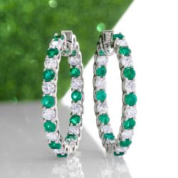 Classic Round Cut Emerald & White Sapphire Hoop Earrings
