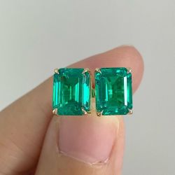 Elegant Golden Emerald Cut Emerald Sapphire Stud Earrings