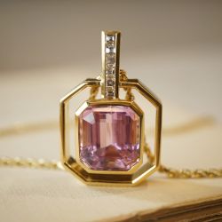 Golden Bezel Emerald Cut Pink Sapphire Pendant Necklace