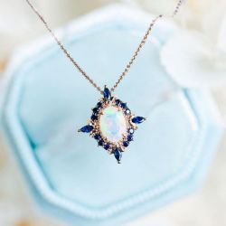 Rose Gold Halo Oval Cut Opal & Blue Sapphire Pendant Necklace