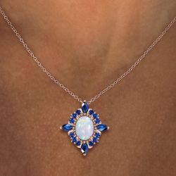 Rose Gold Halo Oval Cut Opal & Blue Sapphire Pendant Necklace