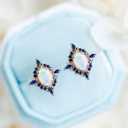 Rose Gold Halo Oval Cut Opal & Blue Sapphire Stud Earrings