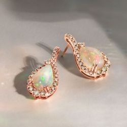 Rose Gold Halo Pear Cut Opal Drop Earrings