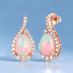 Rose Gold Halo Pear Cut Opal Drop Earrings