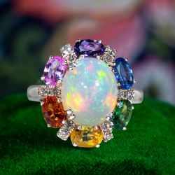 Rainbow Halo Oval Cut Opal Engagement Ring For Women