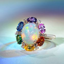 Rainbow Halo Oval Cut Opal Engagement Ring