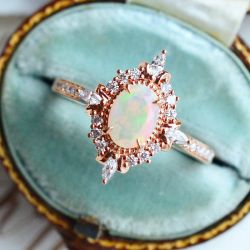 Rose Gold Halo Oval Cut Opal & White Sapphire Engagement Ring
