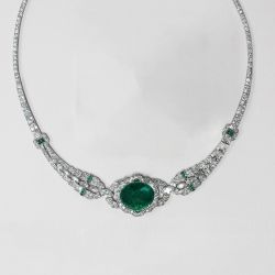 Art Deco Halo Oval Cut Emerald Sapphire Necklace