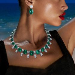 Cushion & Oval Cut Emerald Sapphire Necklace & Drop Earrings Set