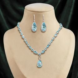 Pear Cut Aquamarine Sapphire Pendant Necklace & Drop Earrings Jewelry Set For Women