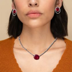 Oval Cut Ruby Sapphire Pendant Necklace & Stud Earrings Sets