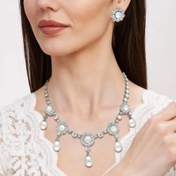 Round Cut White Sapphire & Pearl Necklace & Drop Earrings Sets