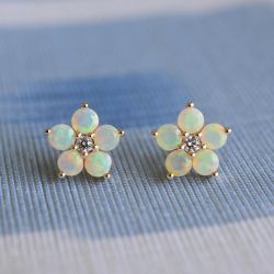 Golden Flower Design Round Cut Opal Stud Earrings