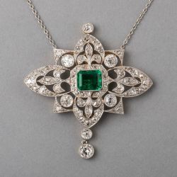 Antique Art Deco Emerald Cut Emerald Sapphire Pendant Necklace