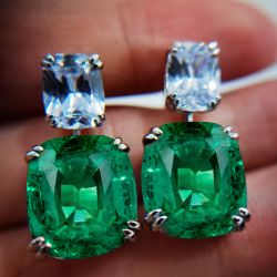 Double Prong Cushion Cut Emerald Sapphire Drop Earrings