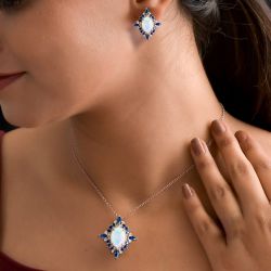 Rose Gold Halo Opal & Blue Sapphire Necklace & Earrings Sets