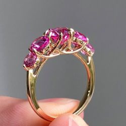 Golden Five Stone Round Cut Pink Sapphire Engagement Ring