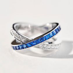 Criss Cross Design Asscher Cut Blue Sapphire Wedding Band