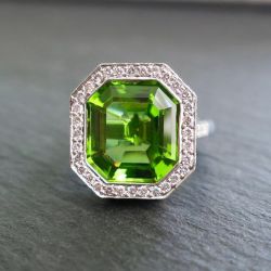 Halo Asscher Cut Peridot Sapphire Engagement Ring