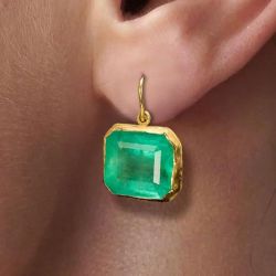 Bezel Golden Asscher Cut Emerald Sapphire Drop Earrings For Women 