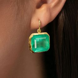 Bezel Golden Asscher Cut Emerald Sapphire Drop Earrings For Women 