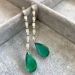 Elegant Pear Cut Emerald Sapphire Drop Earrings