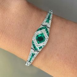 Art Deco Halo Asscher Cut Emerald Sapphire Bracelet For Women 
