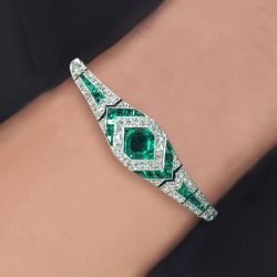 Art Deco Halo Asscher Cut Emerald Sapphire Bracelet For Women 