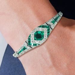 Art Deco Halo Asscher Cut Emerald Sapphire Bracelet For Women 