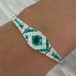 Art Deco Halo Asscher Cut Emerald Sapphire Bracelet For Women 