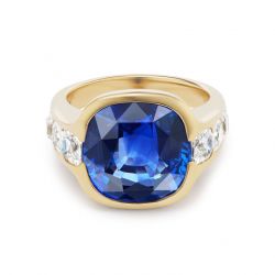 Golden Bezel Cushion Cut Blue Sapphire Men's Ring