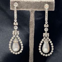 Elegant Halo Round Cut Pearl & White Sapphire Drop Earrings