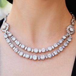 Double Swag Round & Baguette Cut White Sapphire Necklace