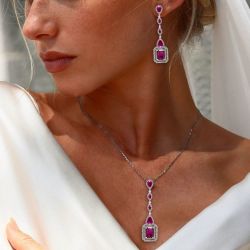 Halo Emerald Cut Ruby Pendant Necklace & Drop Earrings Sets