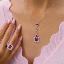 Halo Emerald Cut Ruby Pendant Necklace & Ring Sets