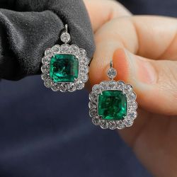 Art Deco Cluster Asscher Cut Emerald Sapphire Drop Earrings