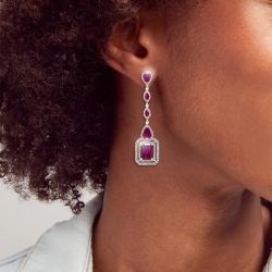 Halo Emerald Cut Ruby Sapphire Drop Earrings