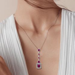 Halo Emerald Cut Ruby Sapphire Pendant Necklace