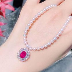 Elegant Halo Cushion Cut Ruby Sapphire & Pearl Pendant Necklace
