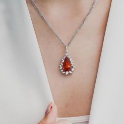 Fancy Halo Pear Cut Garnet Sapphire Pendant Necklace