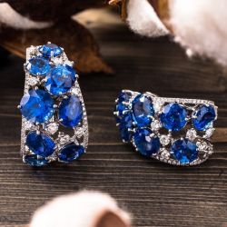 Italian Style Oval & Round Cut Blue Sapphire Hoop Earrings