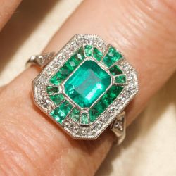 Art Deco Halo Emerald Cut Emerald Sapphire Engagement Ring