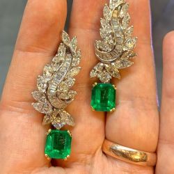 Vintage Two Tone Emerald Cut Emerald Sapphire Drop Earrings 