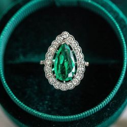 Antique Halo Pear Cut Emerald Sapphire Engagement Ring