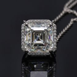 Classic Halo Asscher Cut White Sapphire Pendant Necklace