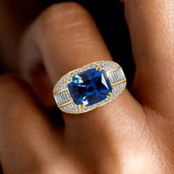 Golden Halo Cushion Cut Blue Sapphire Engagement Ring