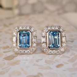 Delicate Halo Emerald Cut Aquamarine Sapphire Stud Earrings