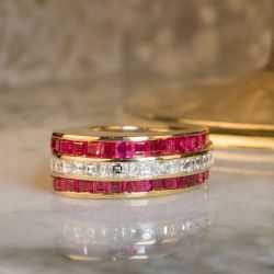 Golden Asscher Cut Ruby Sapphire Multi Row Band