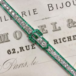 Art Deco Round & Baguette Cut White & Emerald Sapphire Bracelet