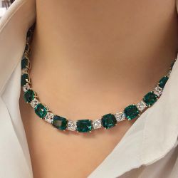 Two Tone Cushion Cut Emerald & White Sapphire Tennis Necklace
